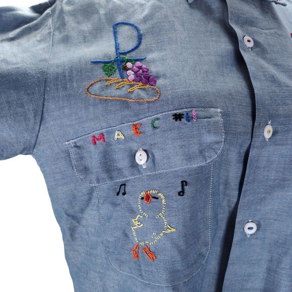Vintage 70s Embroidered Work Shirt Size L Chambray De Colores Chicken - Picture 3 of 16